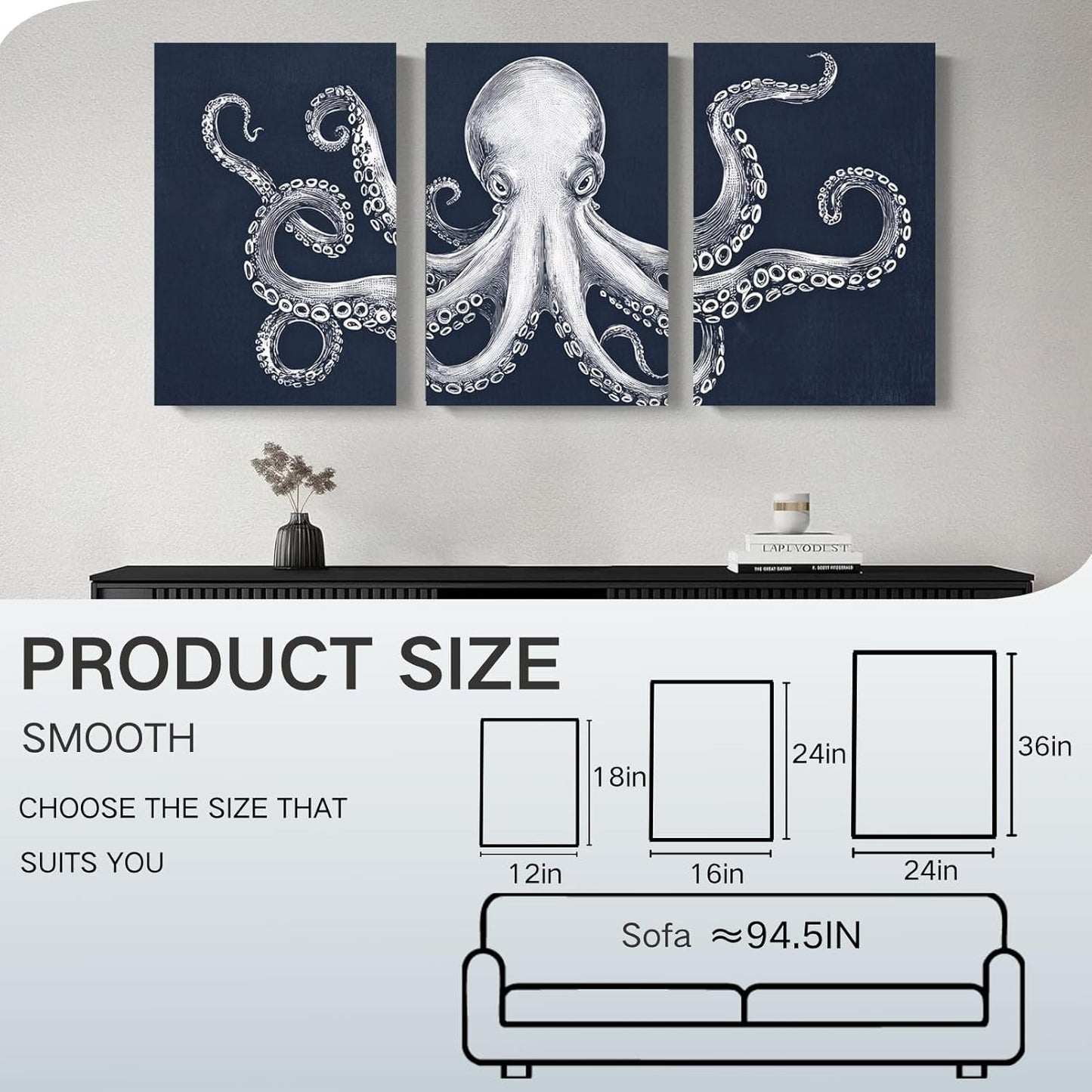 Octopus Wall Decor, Octopus Canvas Wall Art, Ocean Wall Decor,Sea Animal Canvas to Paint for Bathroom, Living Room, Bedroom (12" x 18" x 3 pcs)