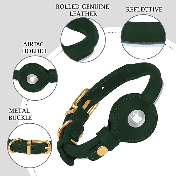 OOPSDOGGY Rolled Leather Dog Collar with Airtag Holder - Reflective Round Airtag Dog Collar - Soft Tracking Pet Collar for Small Dogs Puppy Cats Kitten (Green, XS, 8"-11")
