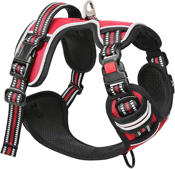Timos Dog Harness Medium Sized, No Pull with Neck Lockable Snap,No Choke Front Clip Dog Reflective Harness,Adjustable Metal Rings 3 Buckles,Easy Control Handle for Medium Dogs Red M