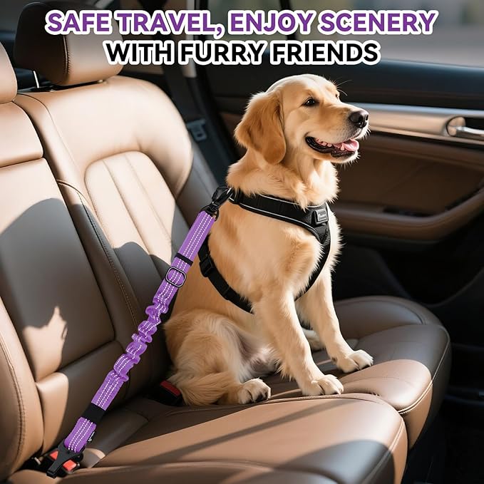 Pawaboo Dog Seatbelt for Car, 3-in-1 Dog Seat Belt Bungee, Shockproof Dogs Tether for Car with Buckle & Hook Latch, Adjustable Reflective Dogs Cars Harness Leash with 360° Lockable Buckle, Purple
