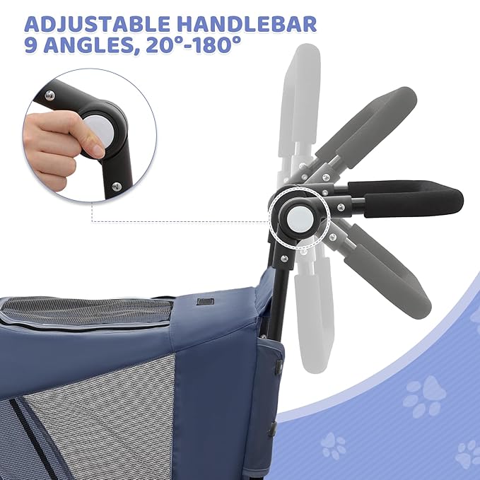 Magshion Pet Stroller for Medium Dogs w/Adjustable Handle, 3-Wheel Dog Cat Wagon w/Dual Entry, Rear Storage, Breathable Mesh, One-Foot Brake, Ideal for Large Pets up to 55 lbs, Navy Blue