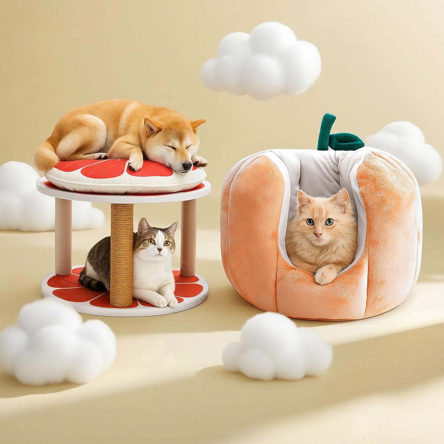 Cat Houses for Indoor Cats, Small Cat Tree with Sisal Ropes and Plush Perch, Cute Cat Bed Cave with Soft Pillow, Grapefruit Design