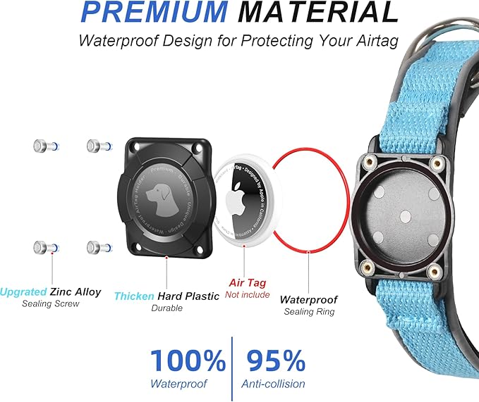 Waterproof Airtag Dog Collar - Nylon Collar with Durable Airtag Holder, Reflective&Anti-Lost with Safety Metal Buckle, Soft Padded Adjustable for Small Medium Large Dogs Blue M