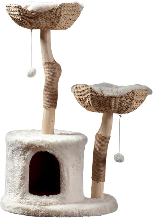 The Bungalow Cat Tree - Luxury Cat Condo, Large Modern Indoor Tower with 2 Faux Fur Beds, Scratching Posts, Toys, and Den for Cats, 23.5-Inch Width x 18-Inch Depth x 43-Inch Height