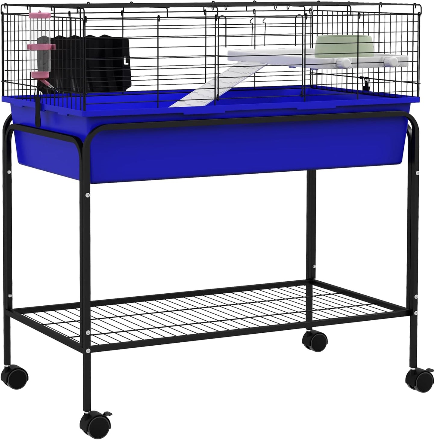 PawHut Two-Story Small Animal Cage Removable from Stand, Guinea Pig Cage with Shelf & Wheels, Pet Habitat for Hedgehog, Chinchilla, Ferret, 33" x 18.5" x 35", Blue