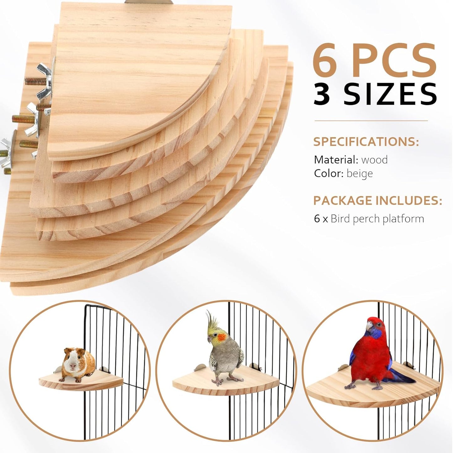 Wettarn 6 Pcs Bird Perch Platform Bird Corner Parrot Perch Corner Wooden Stand Sector Playground Cage Accessories Shelf for Parakeet Conure Cockatiel Budgie Gerbil Rat(Assorted Sizes)