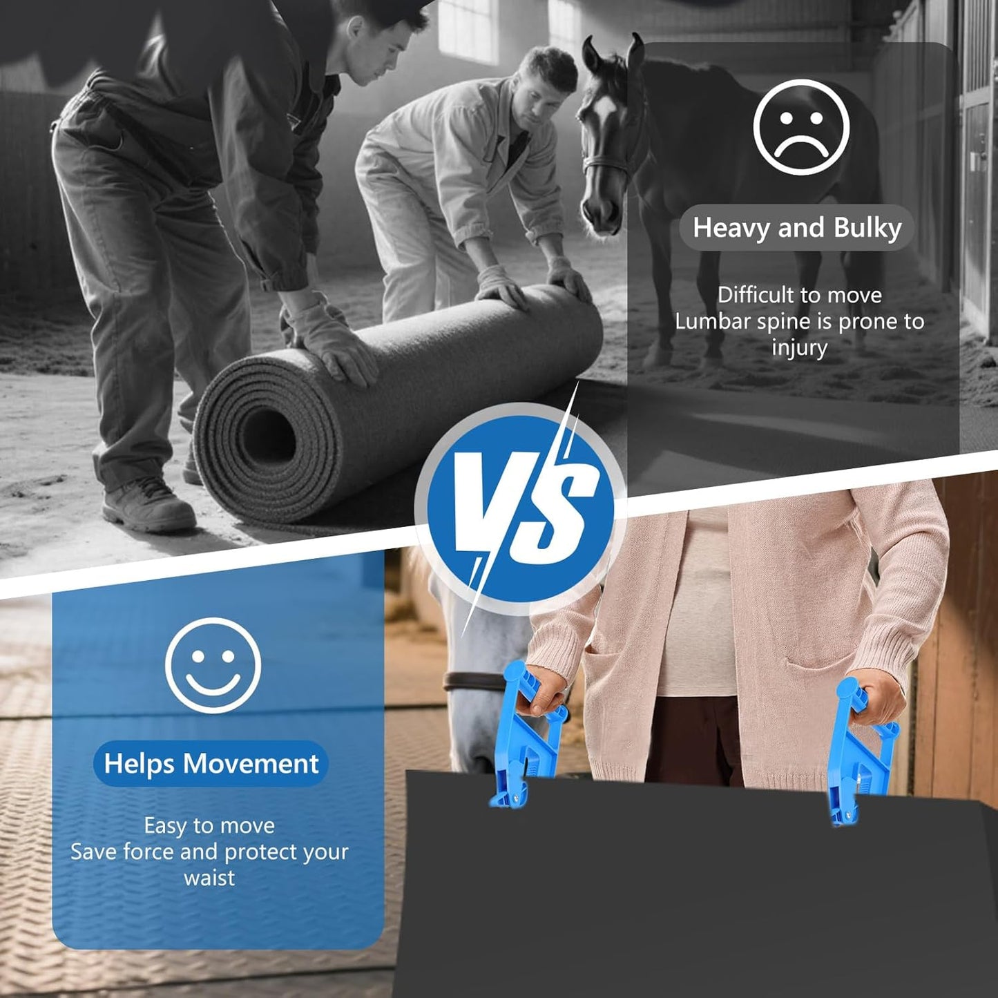 2 Piece Mat Movers Set, Heavy Duty Rubber Mat Grippers for Horse Stalls, Gym, Barn, Trailer, Stall Mat Handlers with Strong Handle and Plastic Teeth, Effortless Mat Puller for Tack Room, Barn