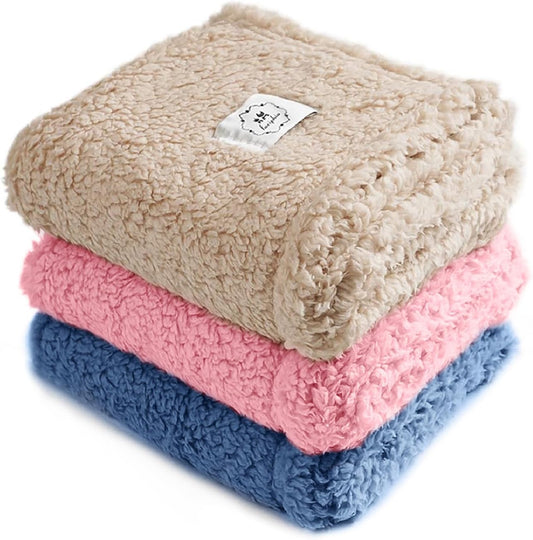 Luciphia 1 Pack 3 Calming Dog Blanket Fluffy Premium Fleece Pet Blankets Soft Sherpa Throw for Dogs Puppy Cat Beige/Pink/HazeBlue Medium (30" x20")