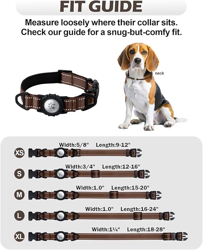TagME Airtag Dog Collar,Waterproof Reflective Pet Collar with Airtag Holder,Soft Padded and Double D-Rings for Puppy,Brown