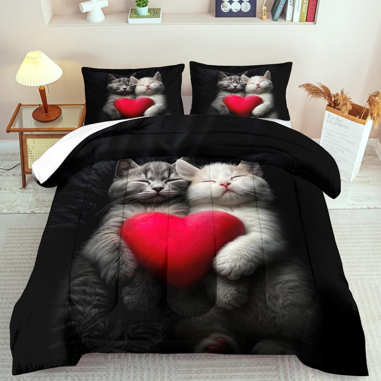 Cute Cat Comforter Set Full,Kawaii Cat Bedding Set for Girls,Cute Animal Comforter Red Love Heart Bedding Decor,Kawaii Farm Animal Quilt Patterns Kids and Adults