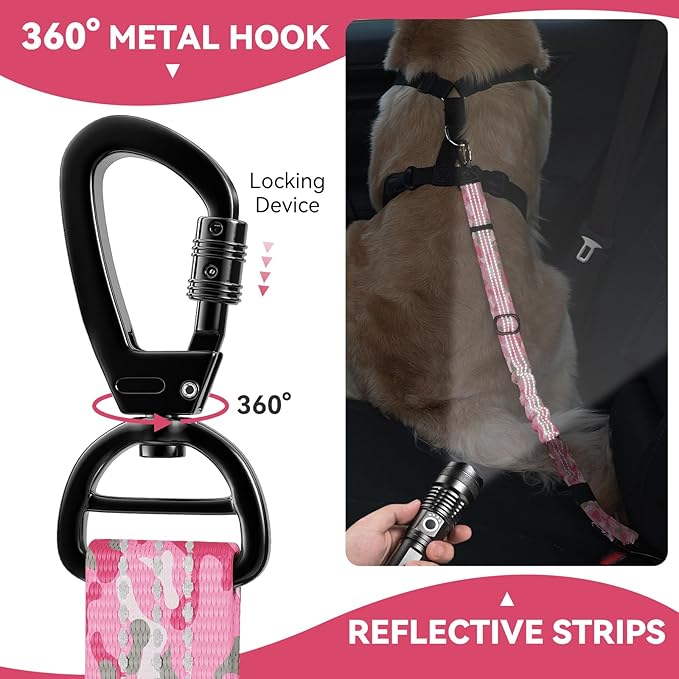 Pawaboo 2Pack Dog Seatbelt for Car, Dog Car Seat Belt Bungee, Dogs Tether for Cars with Buckle & Hook Latch, Adjustable Reflective Dogs Cars Harness Leash with 360° Lockable Buckle, Pink Camouflage