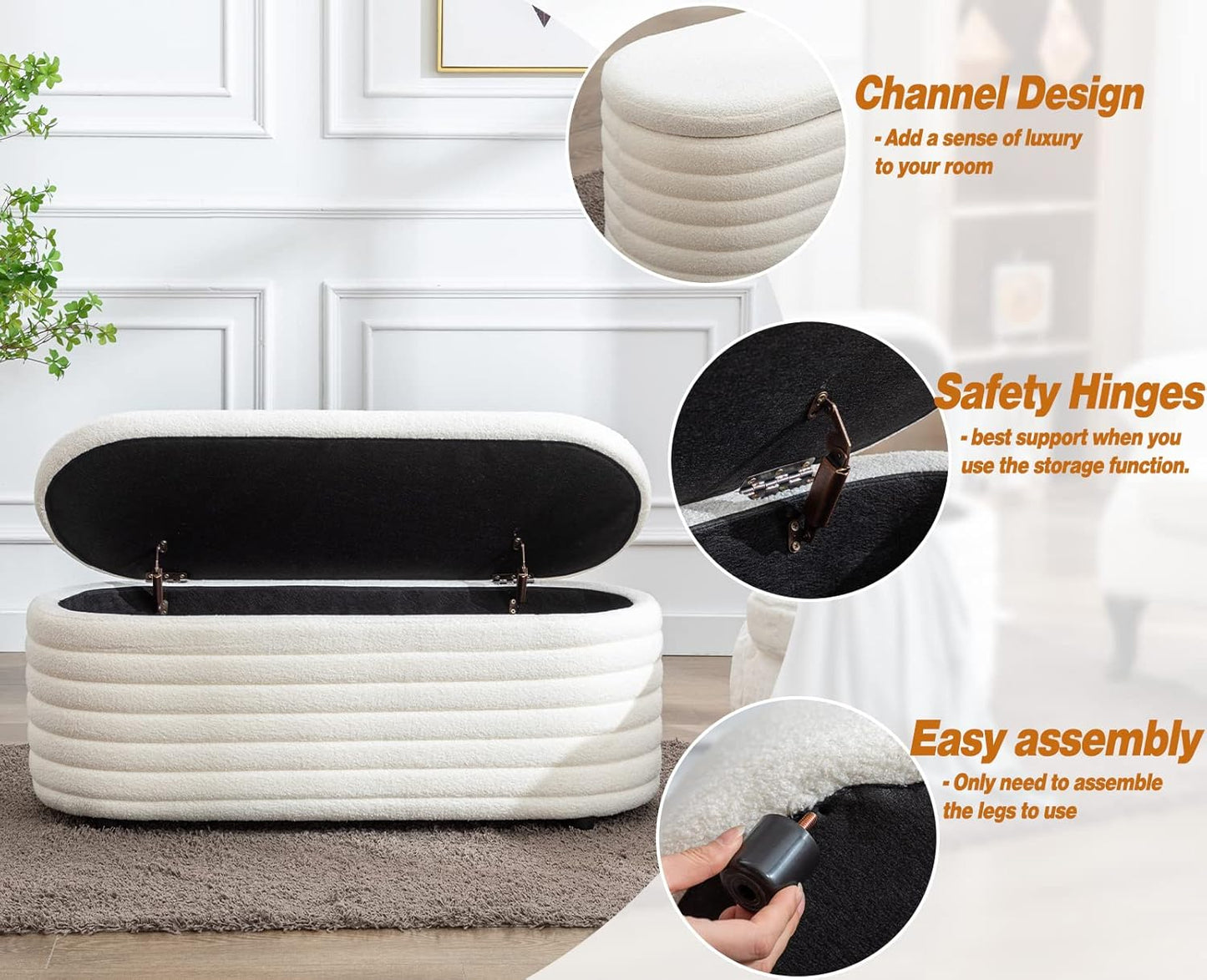 Kmax 45" Storage Bench Faux Fur Entryway Bench Upholstered Ottoman Bench for Bedroom Living Room Hallway, White