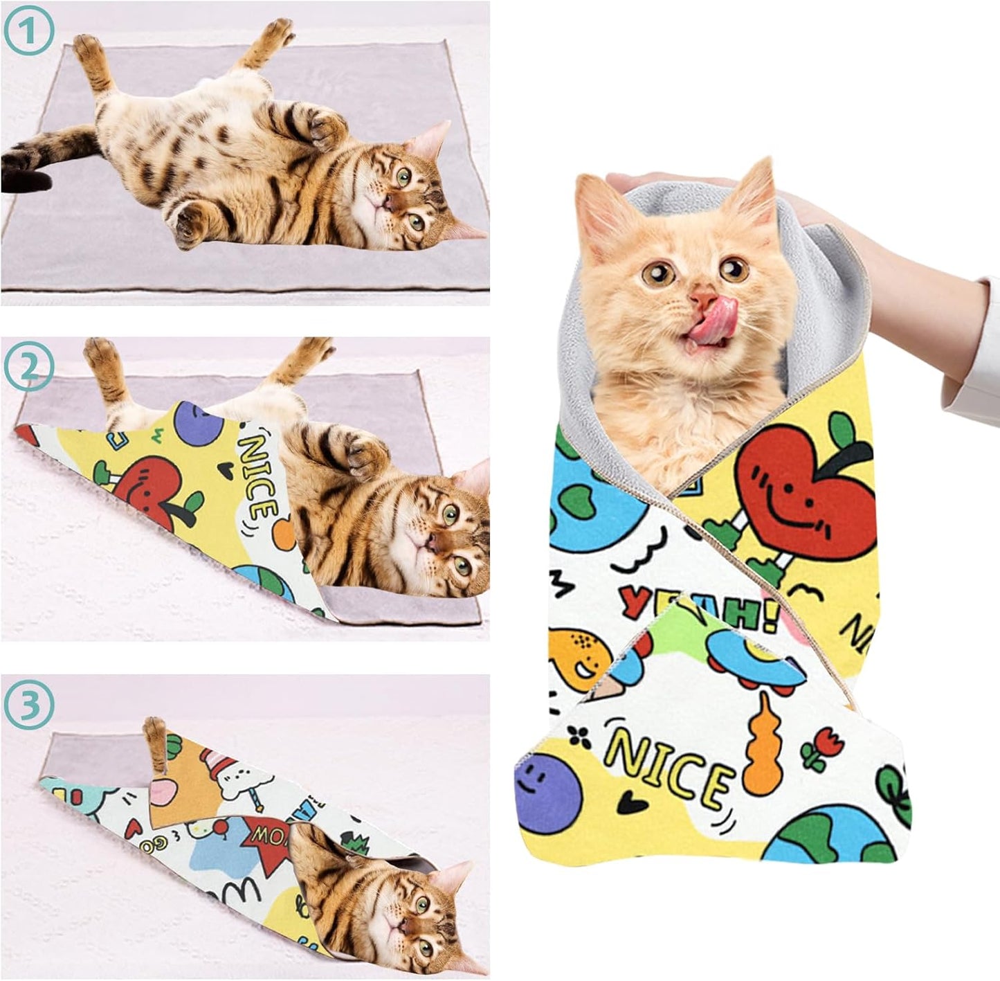 Cat Grooming Wrap, 2pcs [XL] Cat Restraint Wrap for Nail Clipping, Ear Cleaning, and Teeth Brushing, Self-Adherent, Anti-Bite, Anti-Scratch, Anti Scratch, Cow White+Colorful Graffiti