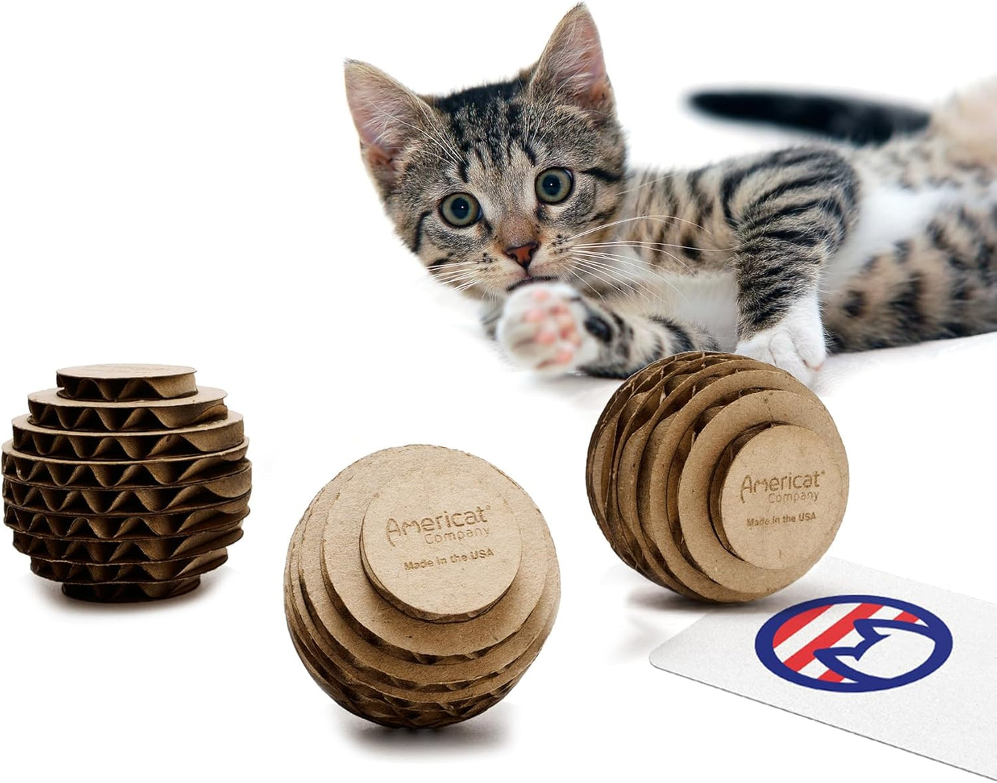 Cat Ball Toys by Americat – Made in USA – Safe Cardboard Cat Toys – for Interactive and Independent Play, Exercise & Stress Relief for All Breeds & Ages (Pack of 3 Round Balls)
