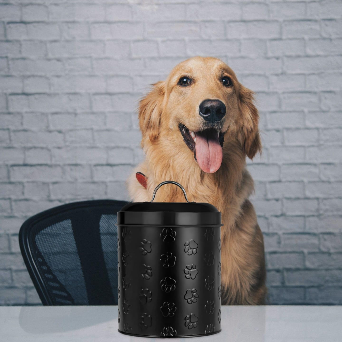 Amici Home Puppy Paws Embossed Pet Food Canister, Pet Storage Containers, Airtight Lid, Dog Treat Jar, Rustic Metal Treat Canister for Kitchen Counter (Black, 140 Oz)