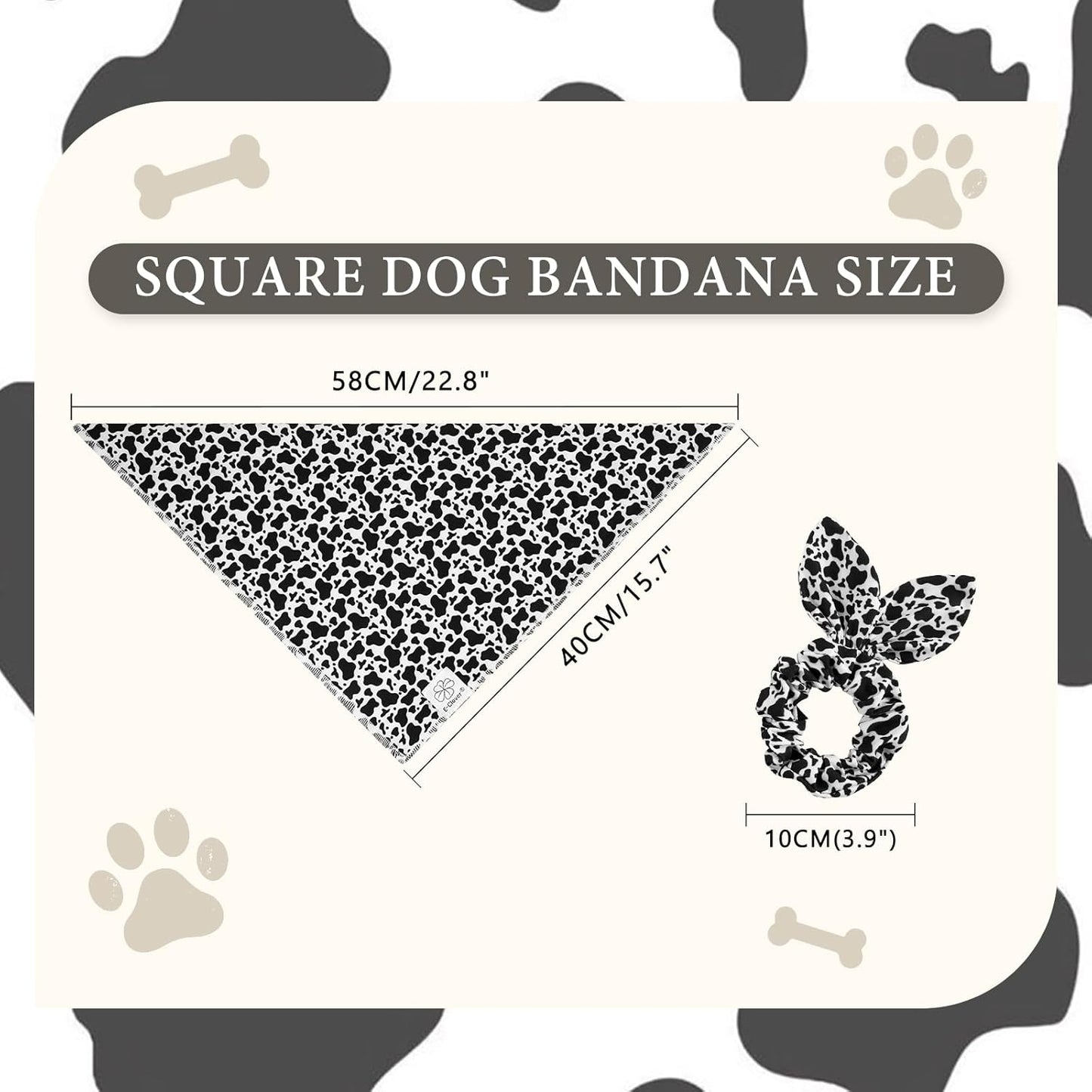 E-Clover Cow Print Dog Bandanas & Matching Scrunchie Set Fall Cowboys Theme Dog Scarf Bibs Pet Bandana with Bow Tie for Small Dogs Puppy Owner Mom Black White