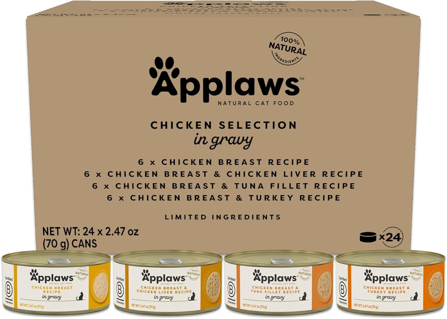 Applaws Natural Wet Cat Food in Gravy, Limited Ingredient Canned Wet Cat Food, No Additives, Made with Natural Ingredients, Chicken Selection in Gravy Cans (24 x 2.47oz Cans)