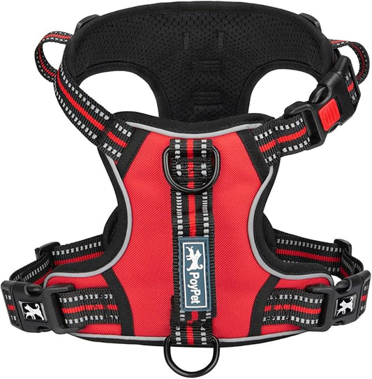 PoyPet No Pull Dog Harness, No Choke Front Clip Reflective Dog Vest with Soft Padded Vertical Handle, 3 Leash Attachments for Small Medium Large Dogs (Red,XL)