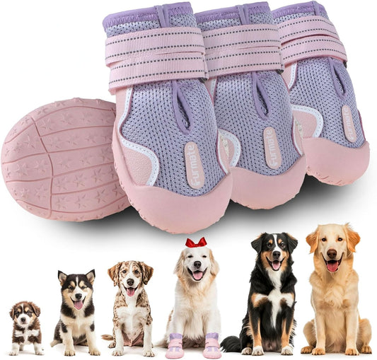 Dog Shoes for Large Small Medium Dogs, Breathable Mesh Dog Boots & Paw Protectors for Summer Hot Pavement Winter Snow, Waterproof Anti-Slip Dog Booties for Hiking Hardwood Floors(Pink-Purple7)