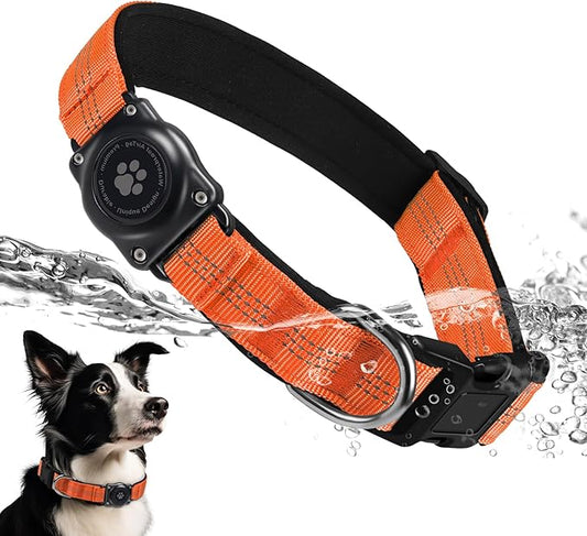 Upgraded AirTag Dog Collar, IP68 Waterproof Air Tag Dog Collar Holder, Reflective, Ultra-Durable, Comfortable Padded, Heavy Duty Dog Collars for Small Medium Large Dogs (XS (10.25"-13"), Orange)