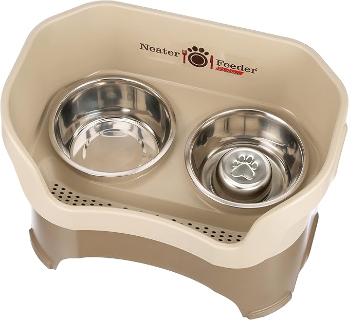 Neater Feeder Deluxe Mess Proof Dog Bowls Elevated for Large Breeds – Made in USA – No Spill Raised Slow Feeder Elevated Dog Bowl Stand, Stainless Steel Food and Water Bowl Set, Cappuccino