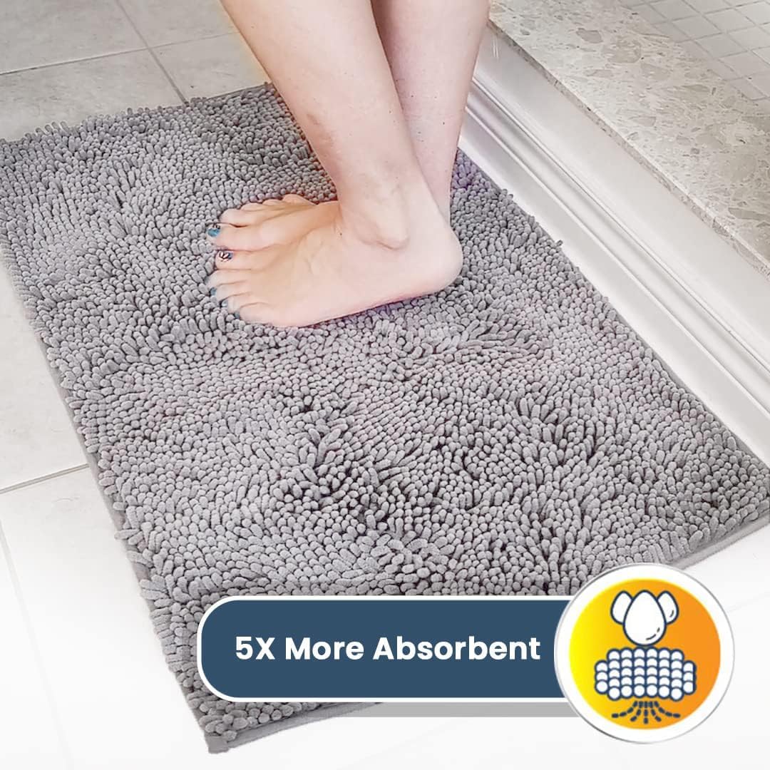Muddy Mat® AS-SEEN-ON-TV Highly Absorbent Microfiber Door Mat and Pet Rug, Non Slip Thick Washable Area and Bath Mat Soft Chenille for Kitchen Bathroom Bedroom Indoor and Outdoor - Grey 3ft x 8ft