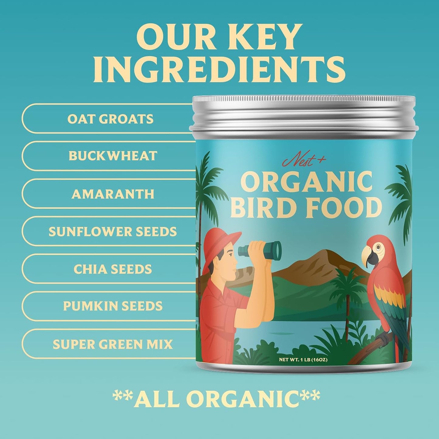 100% Organic Parrot Food – Premium Bird Seed Mix with Oat Groats, Buckwheat, Amaranth, Super Veggies & Seeds – Reusable Tin + Stainless-Steel Scooper – Made in USA, Human Grade Ingredients (1lb)