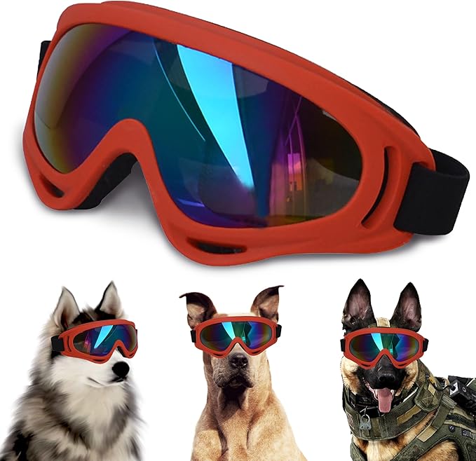 Winproof Adjustable Strap Dog Sunglasses, UV Protection, Soft Goggles (Red Frame)