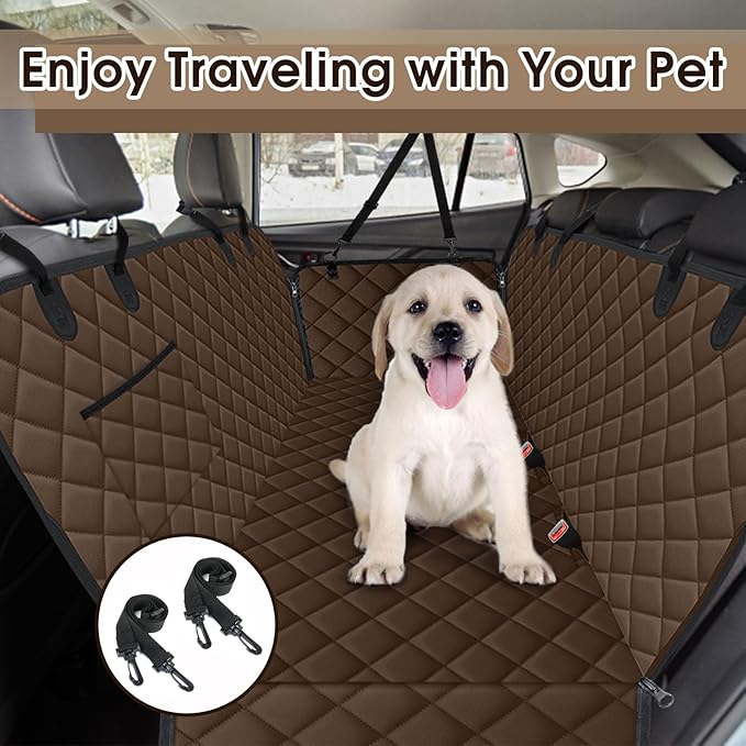 Waterproof Dog Car Seat Cover for Back Seat - Durable, Scratch Proof Pet Hammock with Nonslip Design & Storage Pockets, Fits Cars, SUVs, Trucks - L, Coffee/Black