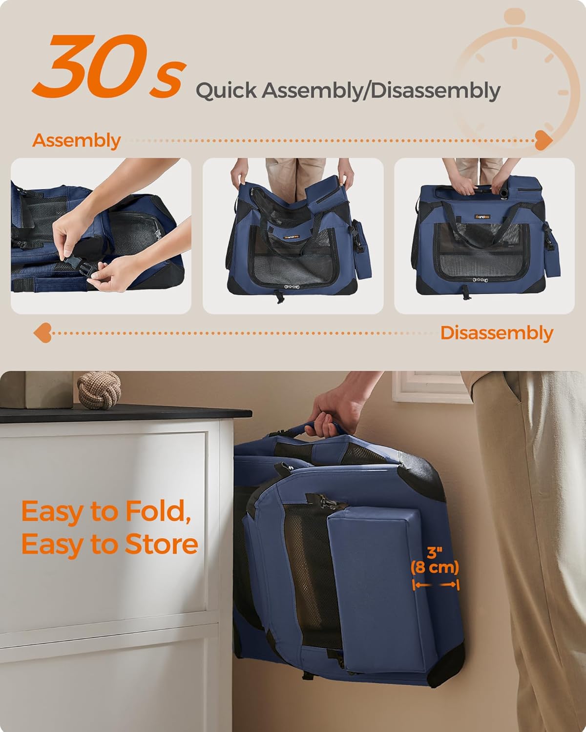 Feandrea 24 Inches Collapsible Soft Dog Crate, Portable Travel Dog Crate for Indoor and Outdoor Use, Dog Carrier Kennel with Safety Zippers, for Living Room, Car, Travelling, Campin, Dark Blue UPDC60Z