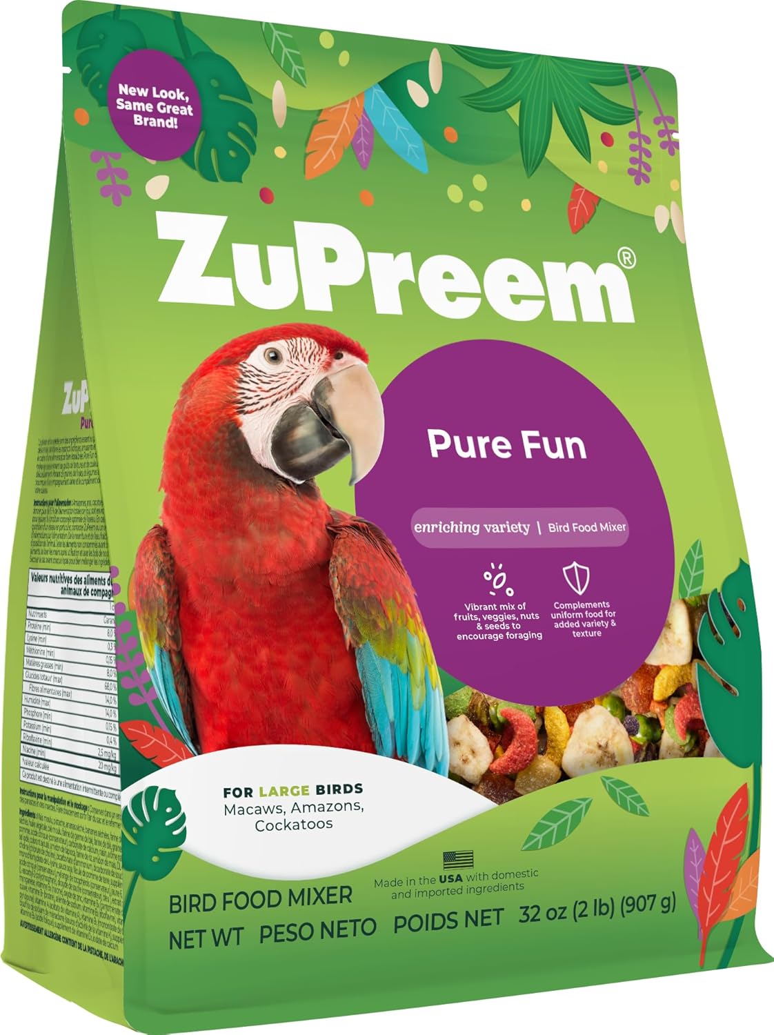 ZuPreem Pure Fun Bird Food, Amazon, Cockatoo, Macaw, Seed and Pellet Blend for Large Birds, Food Mixer Topper, Enriching Variety, Made in USA, Bird Seed for Large Birds (L, 2 lbs)