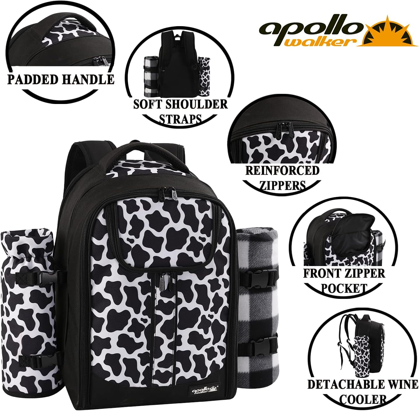 apollo walker Picnic Backpack Bag for 2 Person with Cooler Compartment, Detachable Bottle/Wine Holder, Fleece Blanket, Plates and Cutlery Set (2 Person, Black)