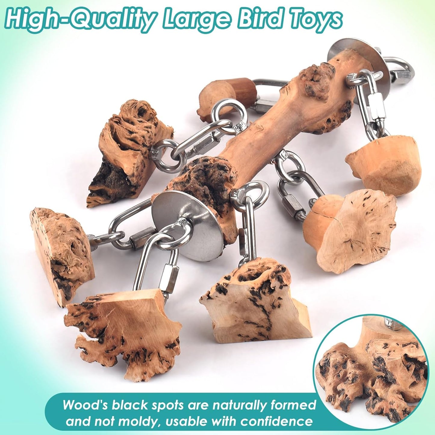 Bird Toys for Parrots, Durable Wooden Large Birds Toy with Stainless Steel, Hanging Natural Chew Hardwood Blocks for Macaws, African Greys, Amazon Parrot, Cockatoos and Small Medium Parakeets