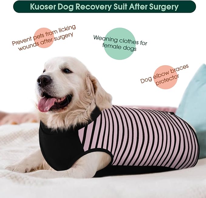 Kuoser Dog Recovery Suit, Anti Licking Dogs Rear Leg Sleeve, Abdominal Dog Surgical Suit with Pants Cover Protect Wounds, Dogs Elbow Protector Soft Pet Surgery Onesie Cone Alternative, Pink 2XL
