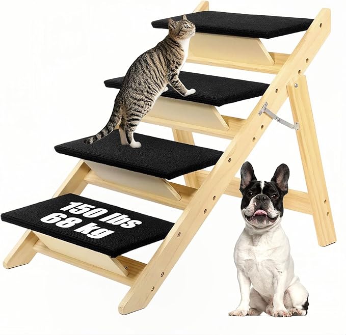Foldable Dog Stairs/Ramp with 4 Steps - Durable Wooden Pet Stairs for Small, Medium, Large Dogs - Black (5098)