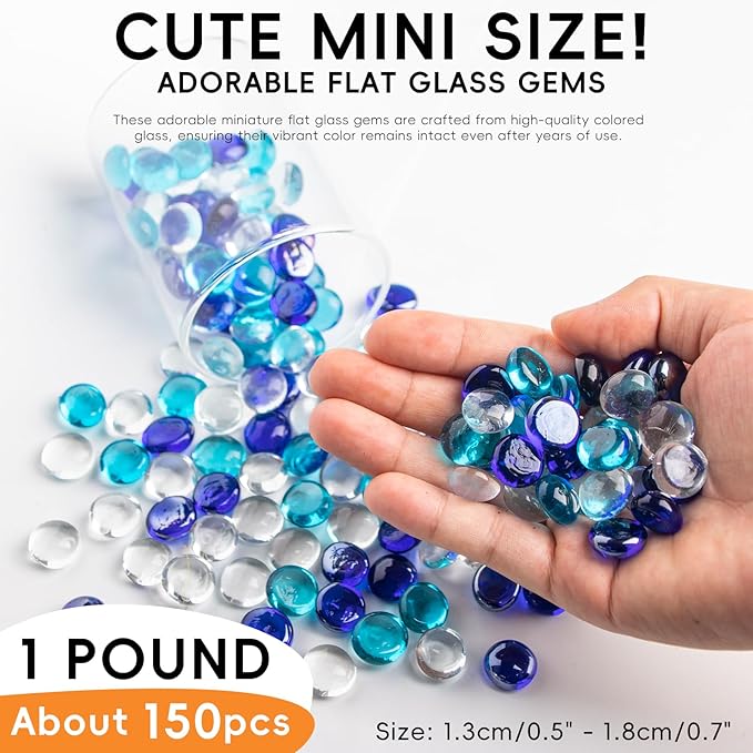 1 LB Blue Mix Color Glass Marbles, Mini Flat Glass Beads~150PCS for Vase Fillers, Floral Bottom Mancala Gems Pebbles Fish Tank Rocks for Table Aquarium,Home Decor Art Craft Supplies(0.5"~0.7")