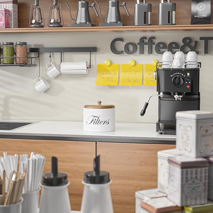 Coffee Filter Holder, Wooden Coffee Filter Storage with Lid, Round CoffeeFilterContainer for Counter, Rustic Farmhouse Bar Accessories Decor (White)