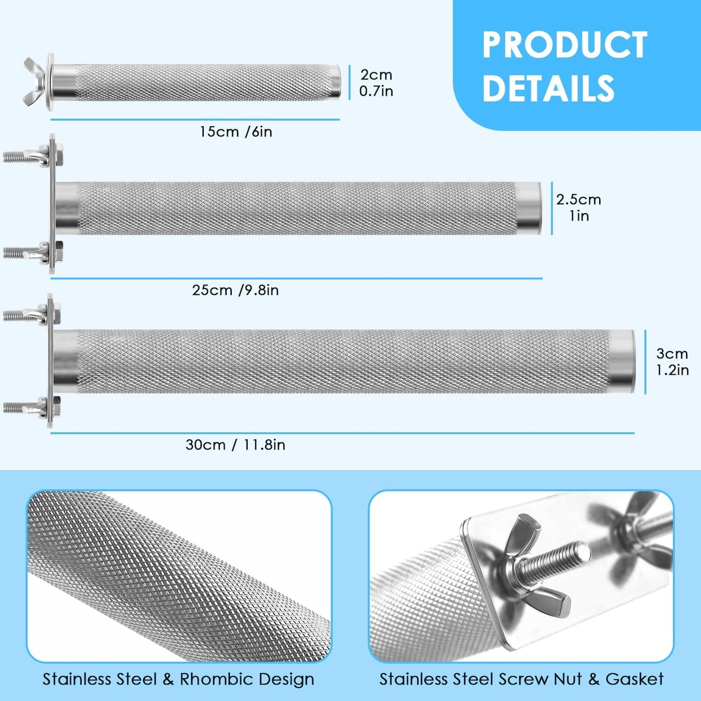 KATUMO Parrot Perch - Stainless Steel African Grey Perch Bird Cage Accessories for Small to Large Parrots (11.8 x 1.2 inch)