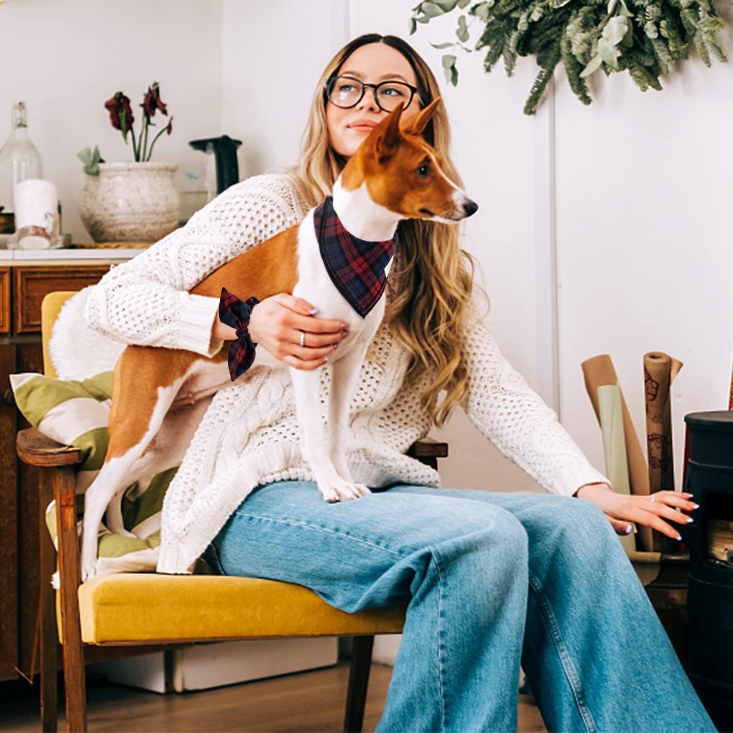 E-Clover Dog Bandanas & Matching Scrunchie Set Plaid Dog Scarf Bibs Pet Handkerchief for Small Dogs Puppy Owner Gifts Red Blue