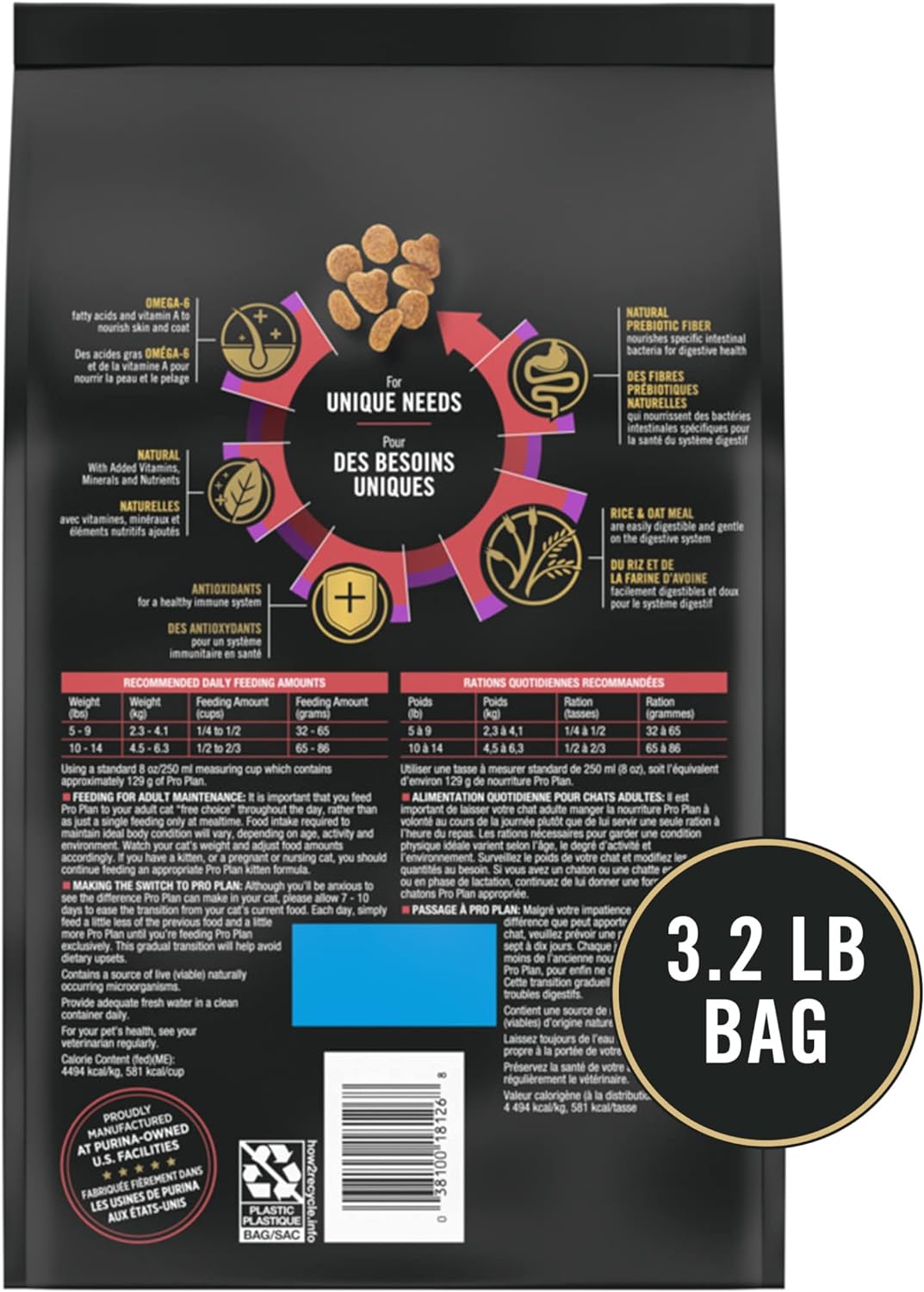 Purina Pro Plan With Probiotics, Sensitive Skin & Stomach, Natural Dry Cat Food, Turkey & Oat Meal Formula - 3.2 lb. Bag