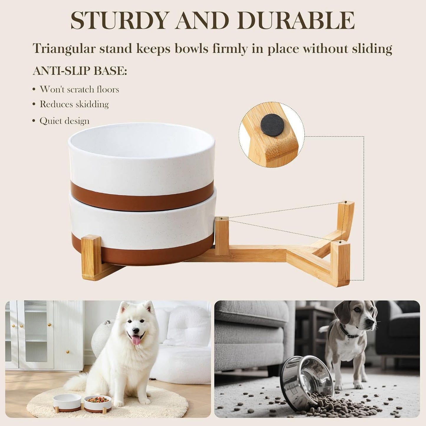 MALACASA Dog Bowls, Ceramic Dogs Bowls with Wood Stand Non-Slip, 6 Cups or 58 oz Capacity Dog Water Food Bowl Glaze Matte Weighted Non-Slip Pet Bowl for Large Dogs (L-6 Cups)