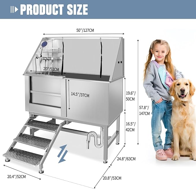 50" Dog Bathing Station, Professional Dog Washing Station Stainless Steel Dog Grooming Tub for Home,Equipped with Three Anti-Slip Steps, Removable Door, Pet Wash Station for Pet (50" Left ramp)