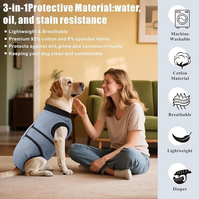 Idepet Dog Recovery Suit Female,Dogs Onesie Suit Surgery Male Breathable Pet Bodysuit for Spay Neuter E-Collar & Cone Alternative Surgical Suit Puppy Abdominal Anti Licking Wounds Shirt (Gray, XS)