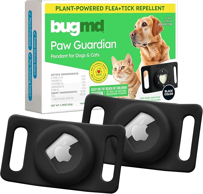 BugMD Paw Guardian Flea & Tick Pendant (2-Pack) with AirTag Holder – Plant-Based Flea & Tick Prevention for Dogs & Cats – Pet Collar Tag & GPS Tracker Holder for Cats & Dogs – Black