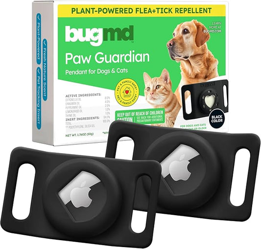 BugMD Paw Guardian Flea & Tick Pendant (2-Pack) with AirTag Holder – Plant-Based Flea & Tick Prevention for Dogs & Cats – Pet Collar Tag & GPS Tracker Holder for Cats & Dogs – Black