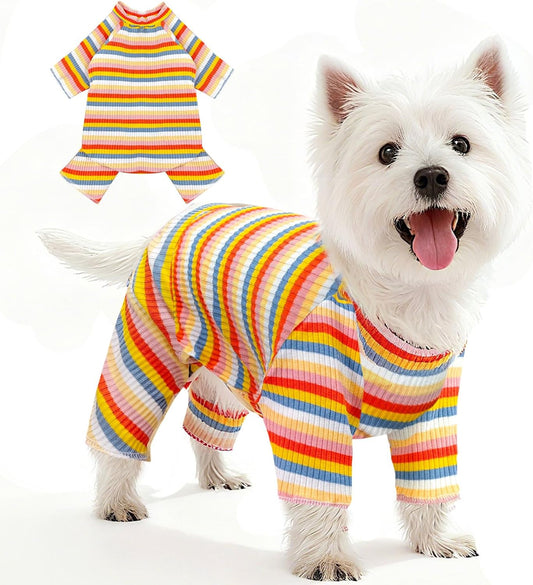 BAEJMJK Striped Dog Pajamas Stretchy Cute Four-Legged Boy Girl Dog Clothes with Sleeves Comfortable Dogs Jumpsuit Colorful Pet Puppy Outfits Apparel for Small Medium Dogs Cats(Yellow,X-Small)