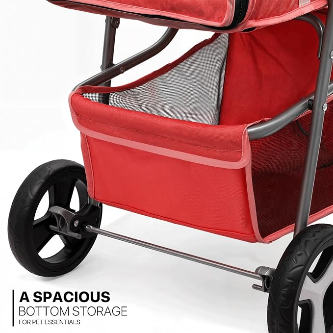 MoNiBloom 3 Wheels Pet Stroller, Foldable Puppy Cage Jogger Stroller with Weather Cover for All-Season, Storage Basket and Cup Holder, Breathable and Visible Mesh for Small/Medium Pets, Red