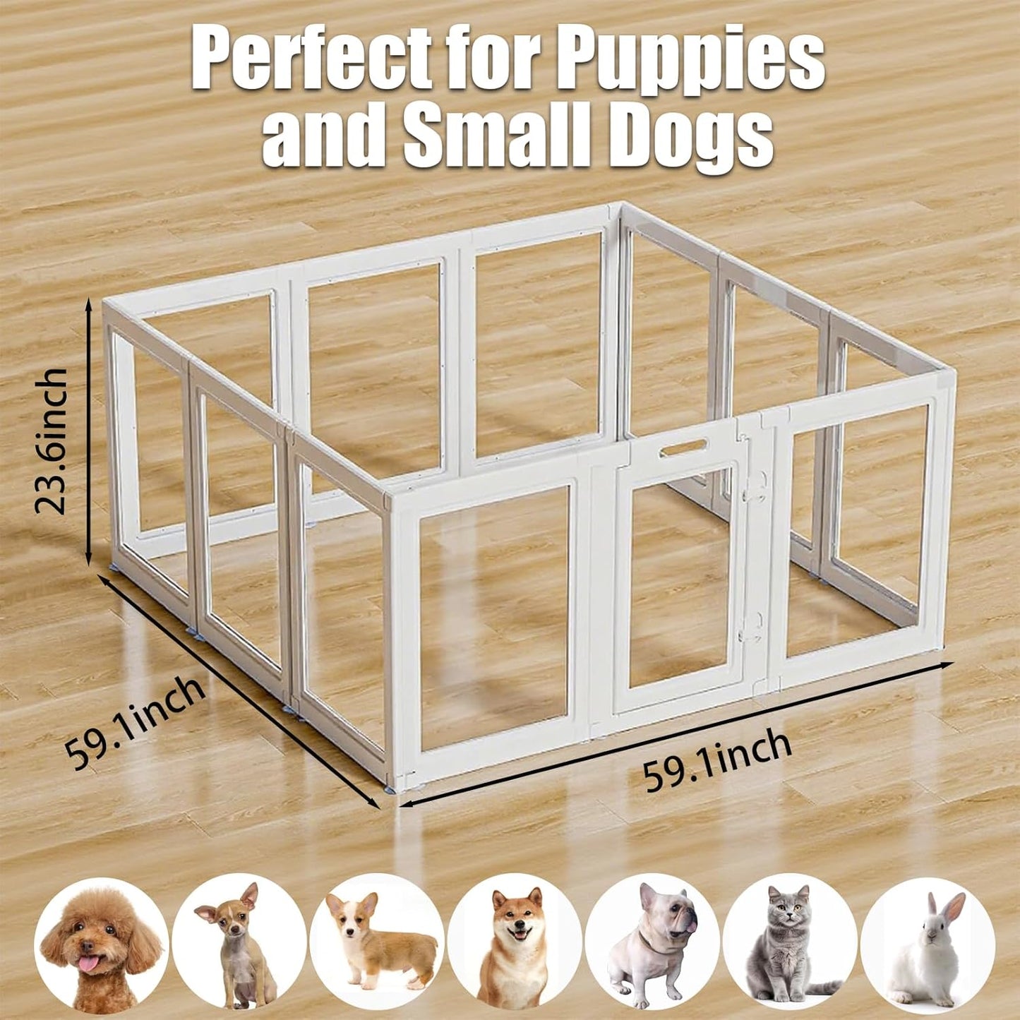 Clear Acrylic Dog Playpen Transparent Dog Playpens Indoor, Small Pet Play Pen for Small Dogs, Puppies, Cats & Rabbits, Assemble & Disassemble, with Door & Suction Cups (23.6" H, 8PCS),White