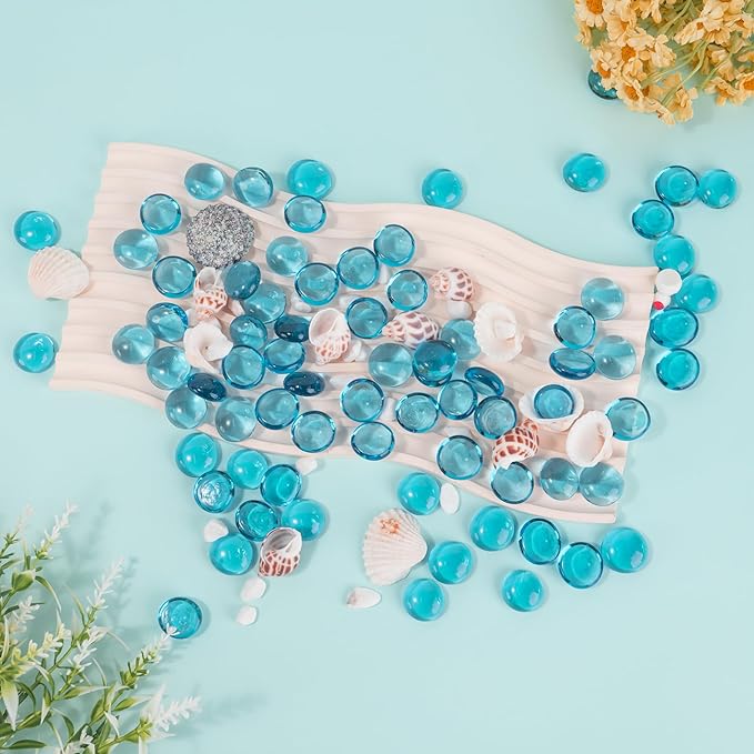 Sea Blue Glass Marbles, 0.97 LB Transparent and Smooth Flat Glass Beads for Vases, Mosaic Gem Pebbles for Aquarium Decor, Floral Arrangements, Mancala Stones, Vase Filler and Crafts,Approx. 80-100 PCS