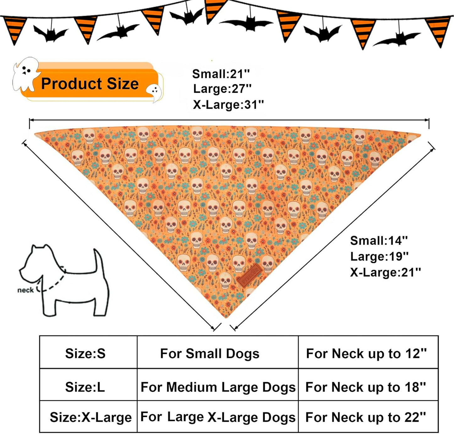 PTDECOR Halloween Dog Bandana, Skeleton Pumpkin Reversible Holiday Dog Scarf, Triangle Halloween Bandanas for Medium Large Dogs Pets (Large)